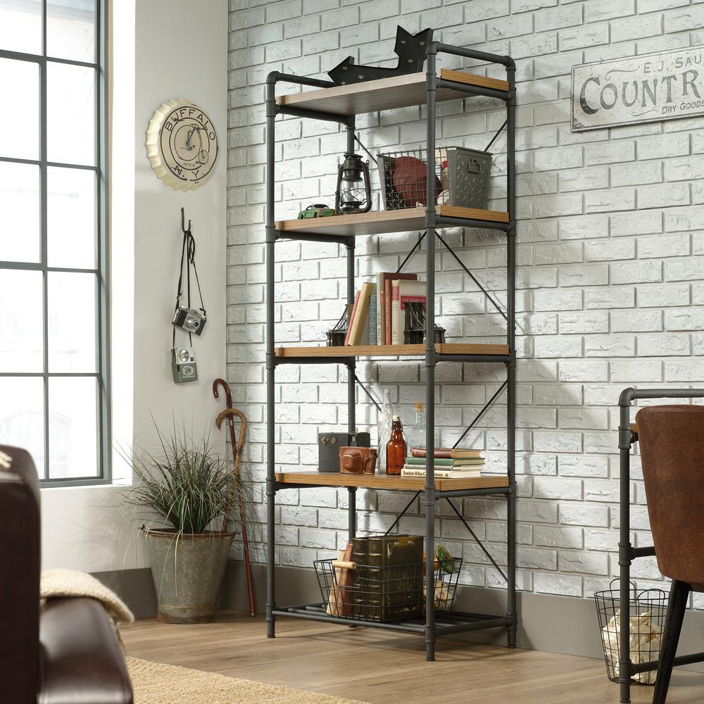 Sauder Iron City Checked Oak 5 Shelf Bookcase 423504 The Home Depot Iron City Checked Oak 5 Shelf Bookcase