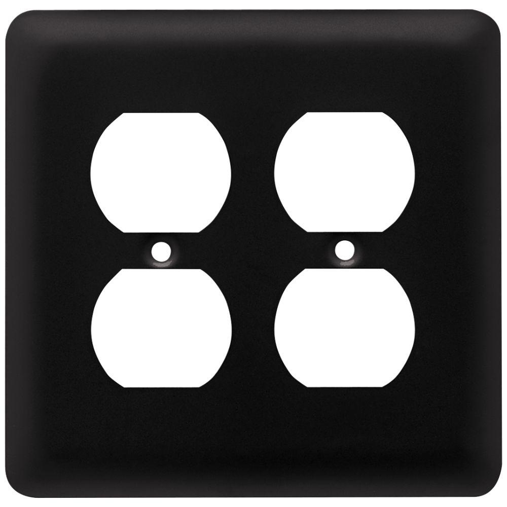 Liberty Stamped Round Decorative Double Duplex Outlet Cover, Flat Black