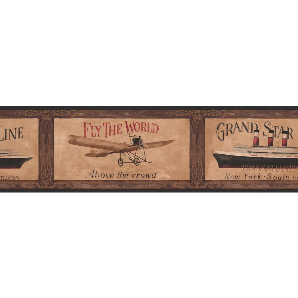 York Wallcoverings Retro Airplane Ship Travel Ads Brown Prepasted Retro Airplane Ship Travel Ads