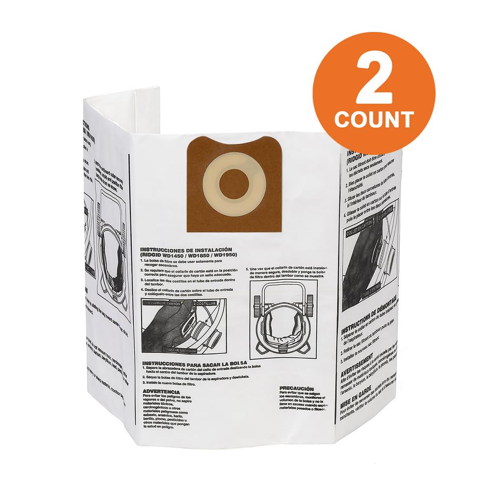 Ridgid High Efficiency Size A Dust Bags For 12 Gal To 16 Gal Ridgid Wet Dry Vacs 2 Pack Vf3502 The Home Depot