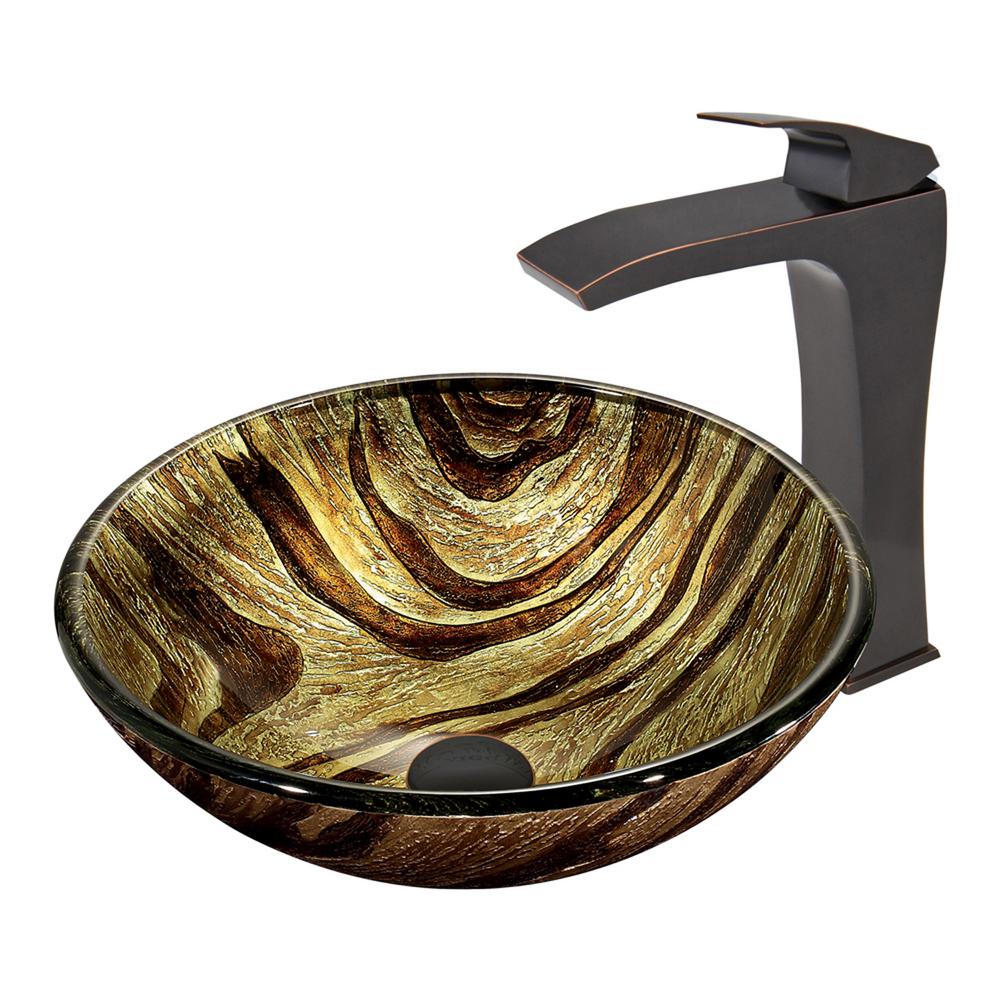VIGO Glass Vessel Sink in Zebra and Blackstonian Faucet Set in Antique