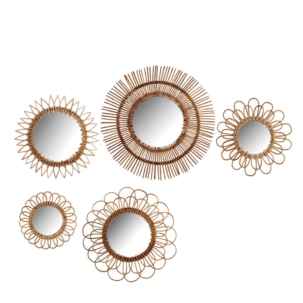 Natural Round Rattan Decorative Wall Mirror Set Of 5