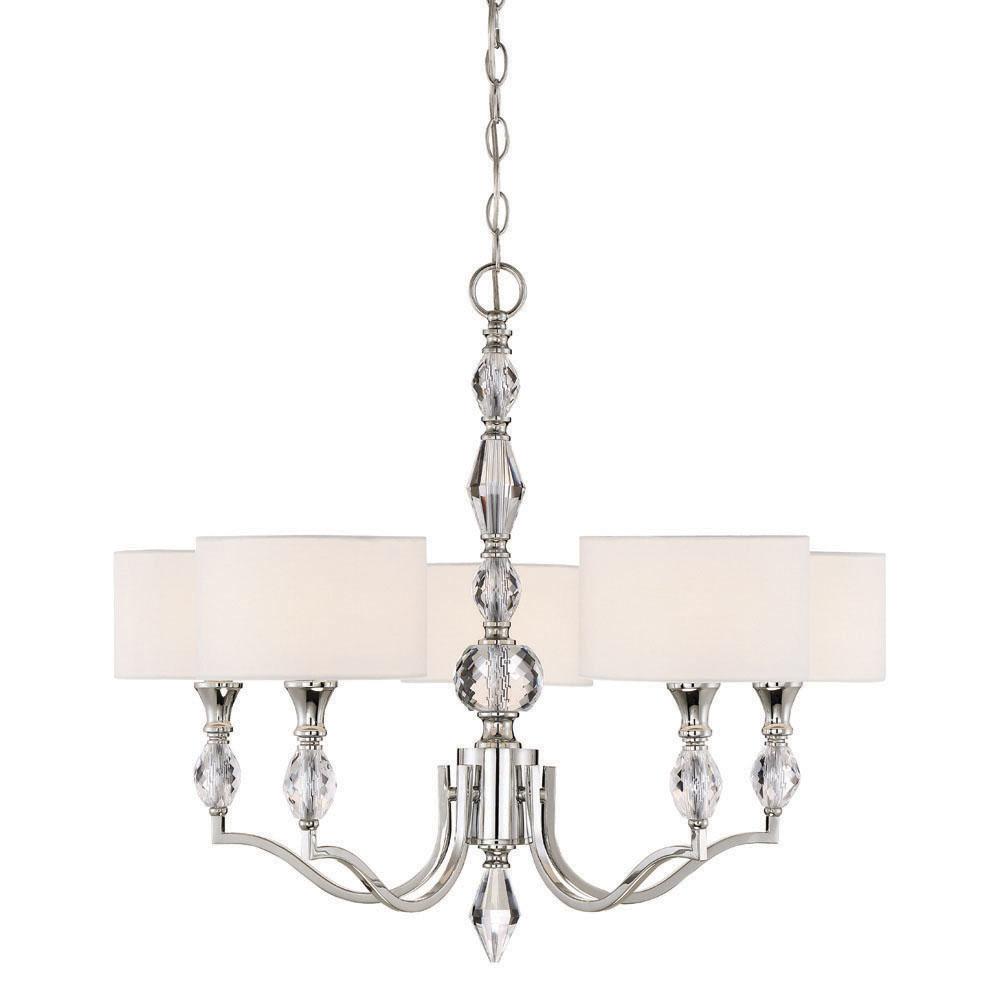 Designers Fountain Evi 5 Light Chrome Chandelier With White Linen Designers Fountain Evi 5 Light Chrome Chandelier With White Linen Clear Faceted Crystal Shade