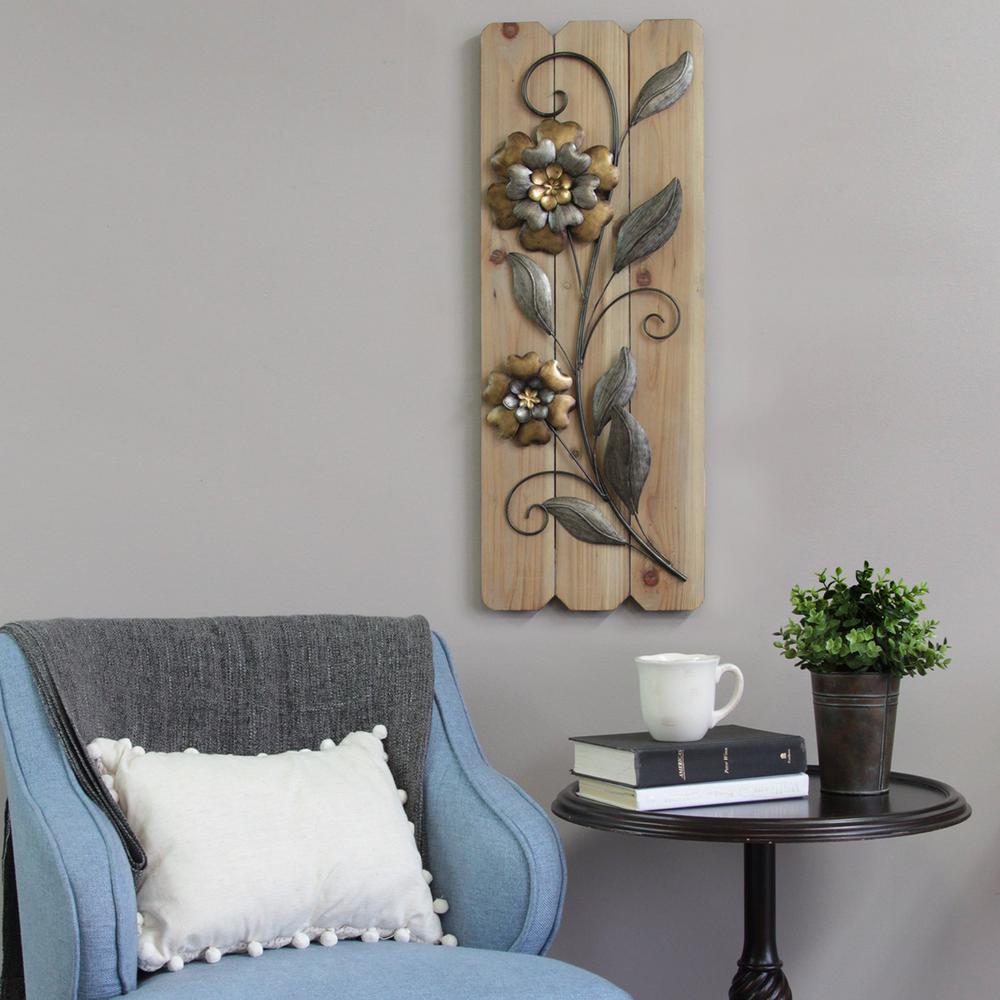 Stratton Home Decor Antique Metal Flower Wood Plank Panel S11556 Stratton Home Decor Antique Metal Flower Wood Plank Panel