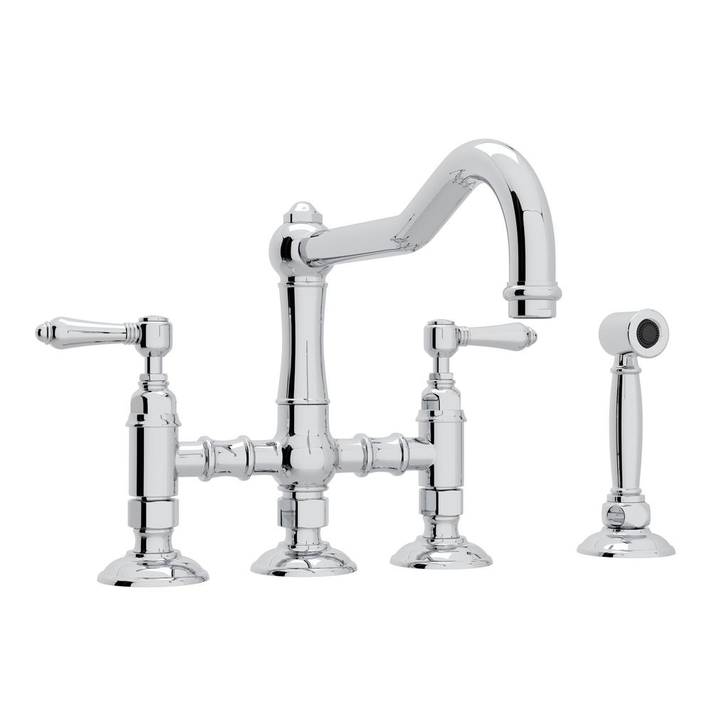 ROHL Italian Kitchen Acqui Three Leg Bridge Faucet with Metal Levers Sidespray And 9u0022 Reach Column Spout In Polished Chrome
