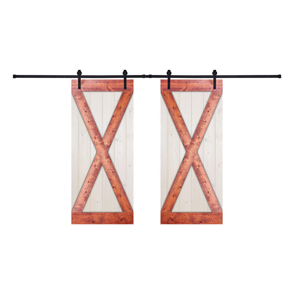 Akicon 76 In X 84 In 12 Panel Contrast White Honey Color Dx Series Paneled Wood Double Barn Door With Hardware Kit Wh Color Ak W H Dx 76 The Home Depot