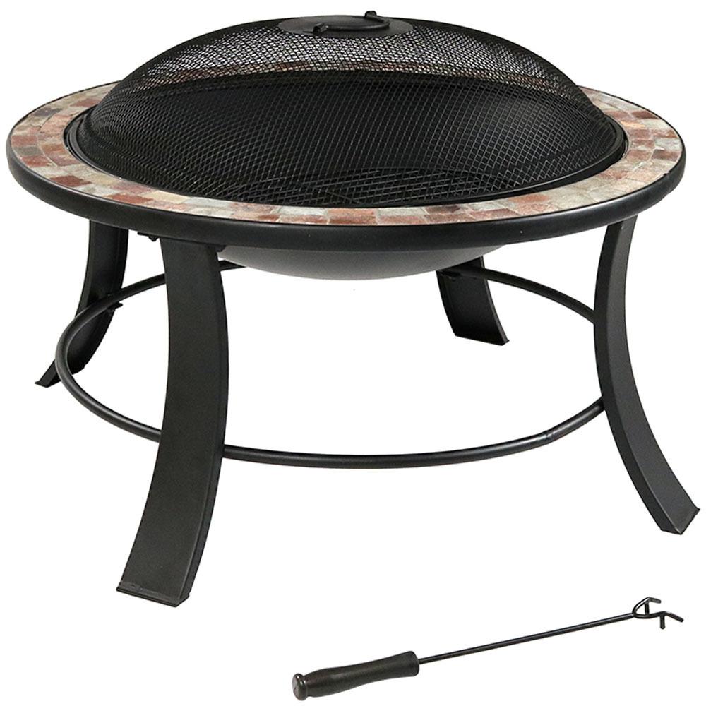 Sunnydaze Decor 30 In X 20 Round Natural Slate And Steel Wood 30 In X 20 Round Natural Slate And Steel Wood Burning Fire Pit Table With Spark Screen