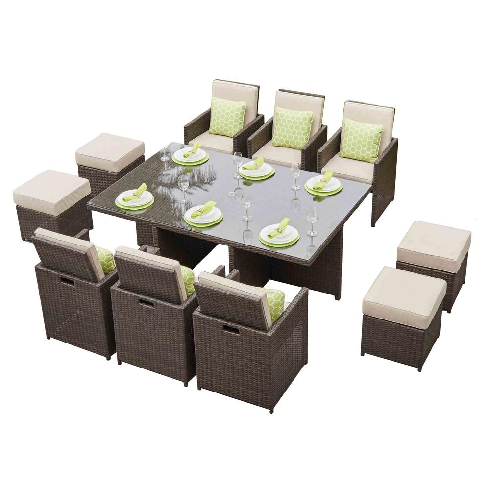 Direct Wicker Alisa Aluminum Brown 11 Piece Wicker Outdoor Dining Set With Beige Cushions And Ottmans Pad 3234 A The Home Depot