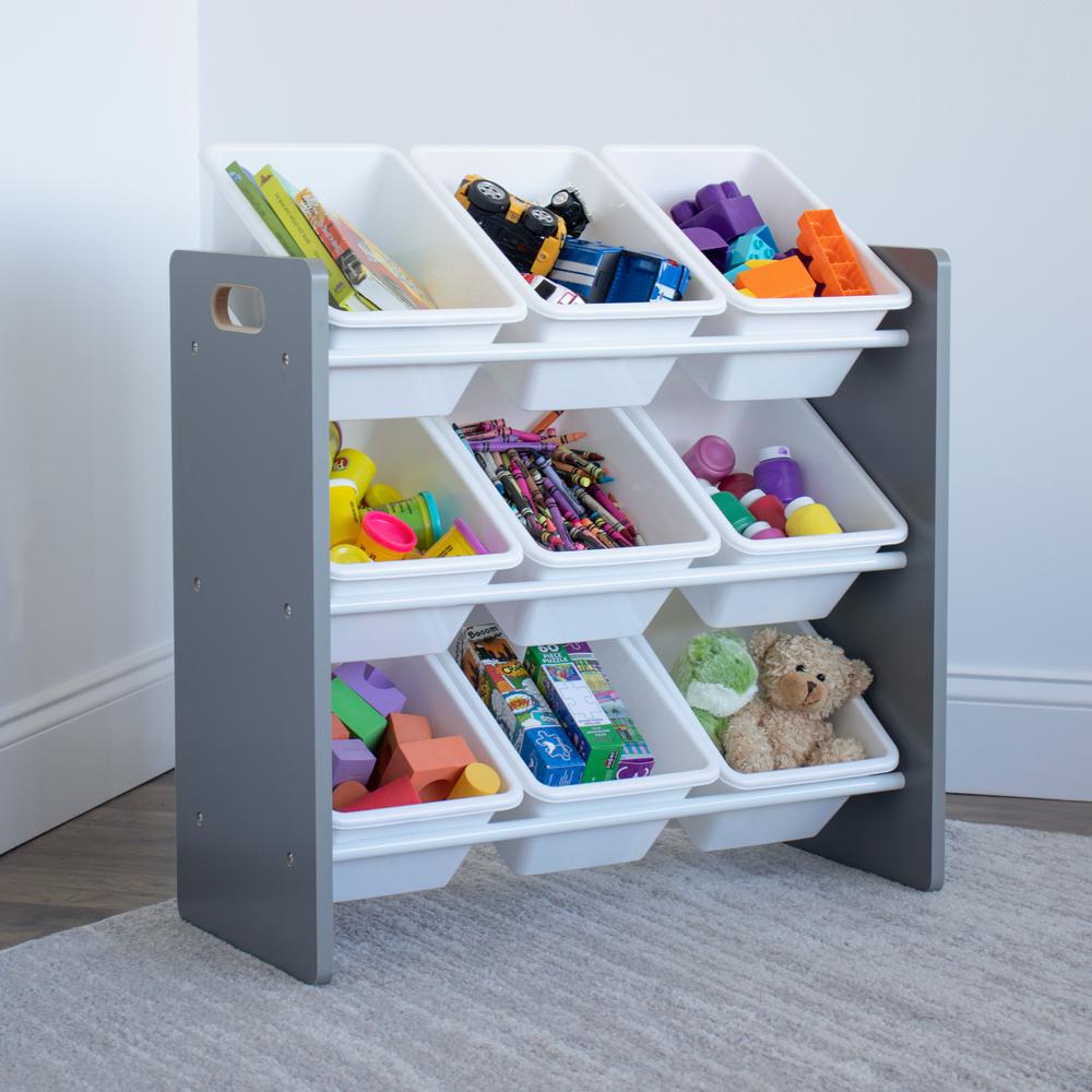 gray and white toy storage