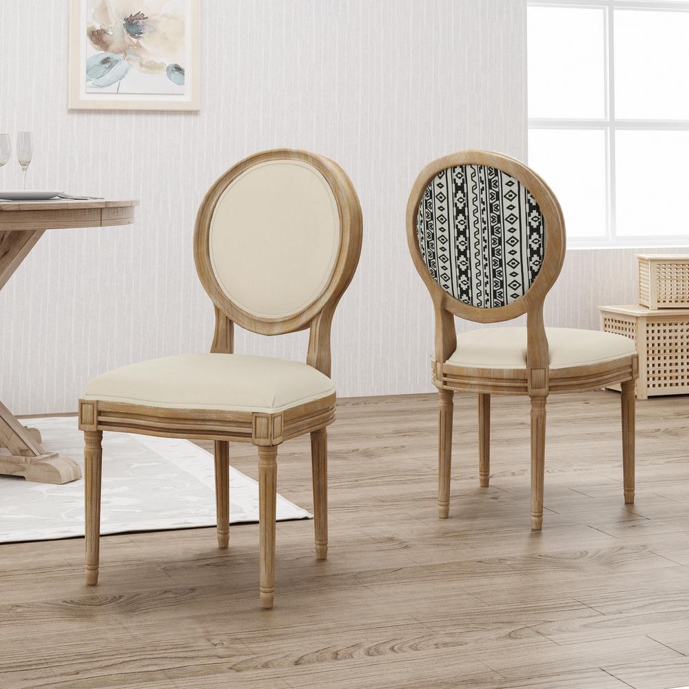 Noble House Phinnaeus Farmhouse Beige Fabric Dining Chairs With Black And White Aztec Back