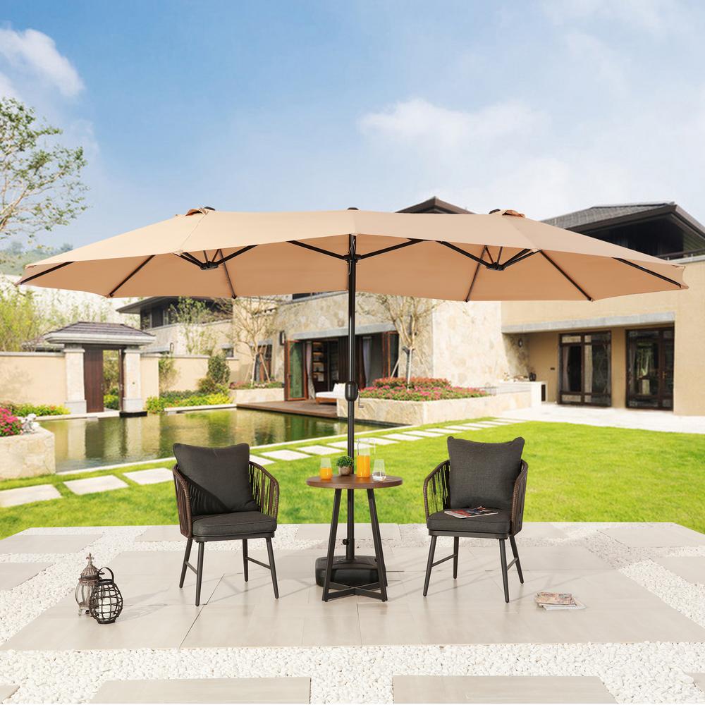 Patio Festival 9 X 15 Ft Steel Market Patio Umbrella In Khaki Pf19302 The Home Depot