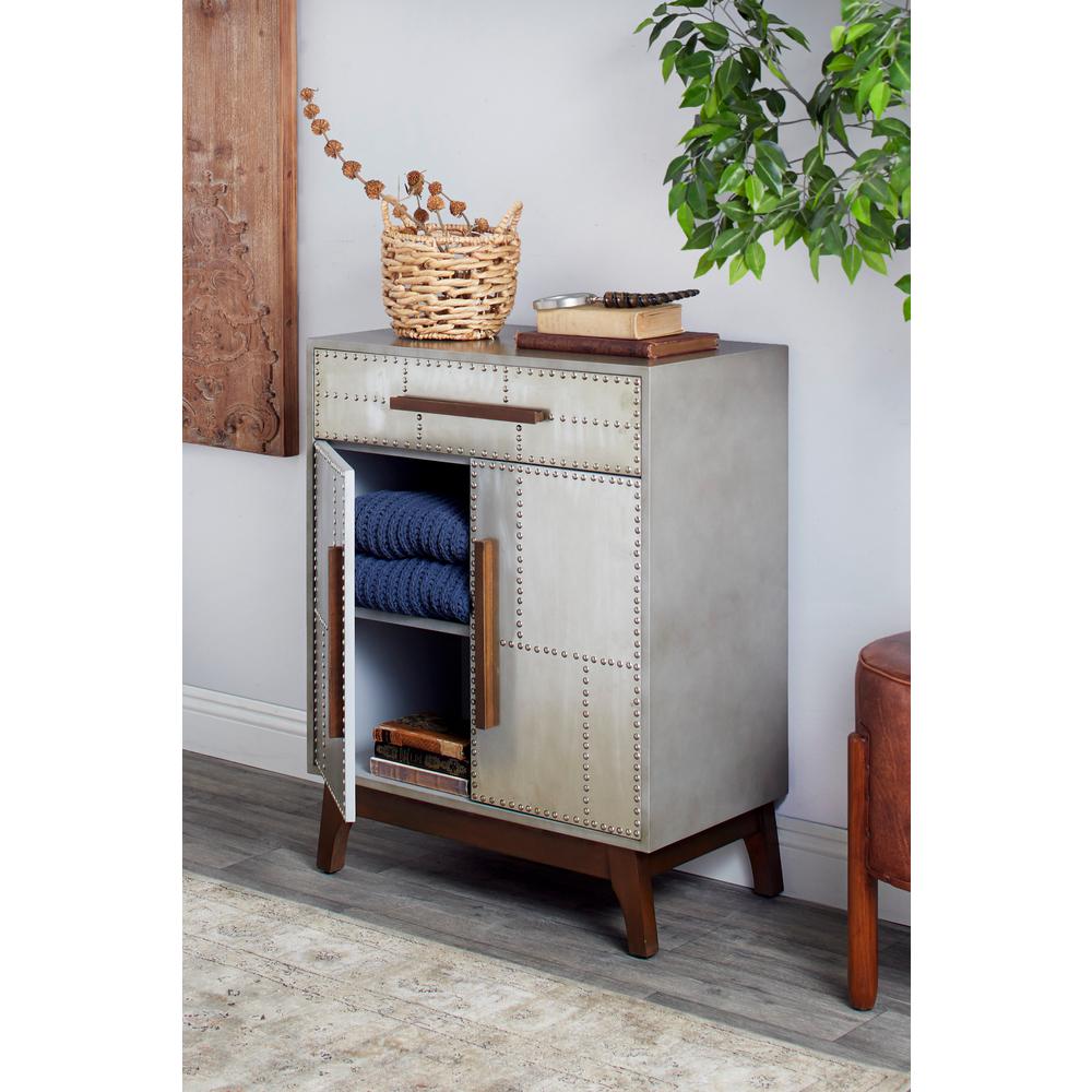 Litton Lane Industrial Silver Metal Cabinet With Wood Handles And