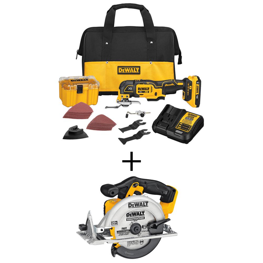 DEWALT 20V MAX XR Cordless Brushless 3-Speed Oscillating Multi Tool, 20V MAX 6-1/2 in. Circular Saw, and (1) 20V 2.0Ah Battery