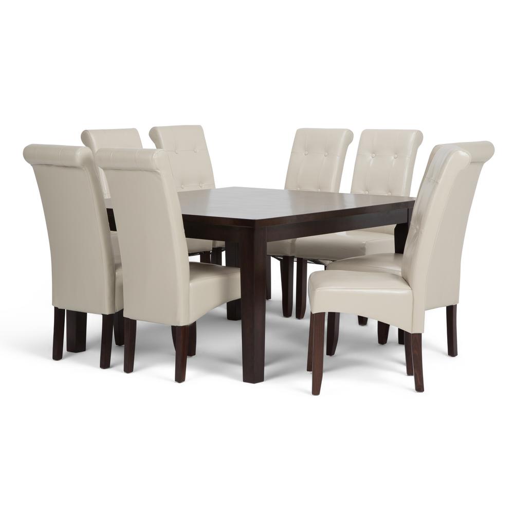 Simpli Home Cosmopolitan 9 Piece Dining Set With 8 Upholstered Dining Chairs In Satin Cream Faux Leather And 54 In Wide Table AXCDS9 COS CR The Home Depot