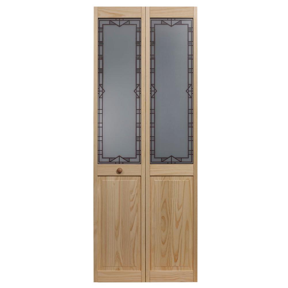 Pinecroft 35 5 In X 80 Design Tech Gl Decorative 1 2 Lite Design Tech Gl Decorative 1 2 Lite Over Raised Panel Pine Wood Interior Bi Fold Door