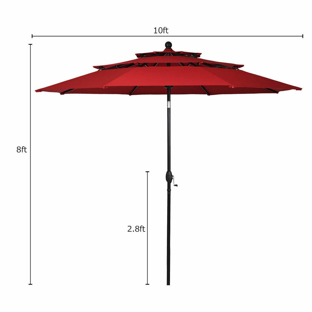 Costway 10 Ft 3 Tier Aluminum Sunshade Shelter Double Vent Market Patio Umbrella In Burgundy Op3928wn The Home Depot