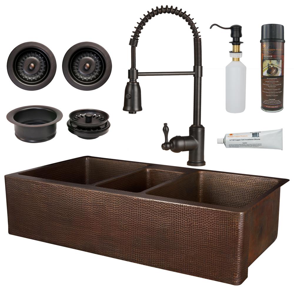 All In One Copper 42 In Triple Bowl Kitchen Farmhouse Apron Front Sink With Spring Faucet In Oil Rubbed Bronze