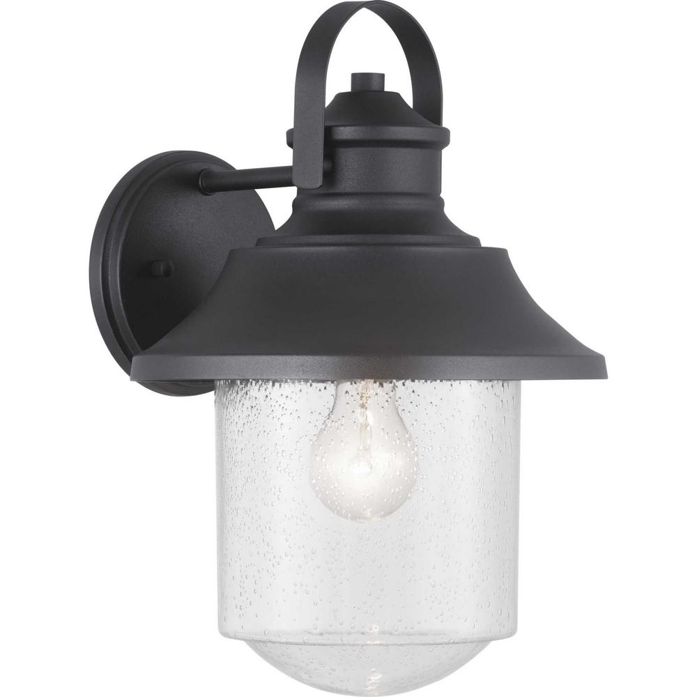 Progress Lighting Lakelynn 1-Light 12 in. Textured Black Outdoor Wall Lantern with Clear Seeded Glass