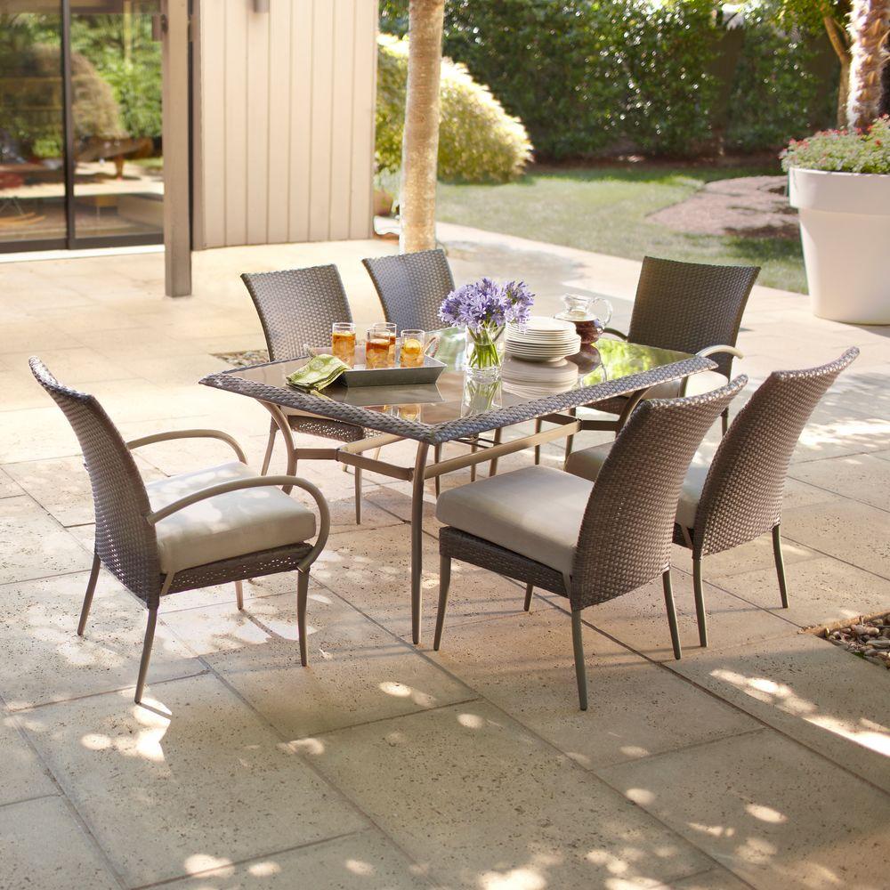 Hampton Bay Posada 7 Piece Patio Dining Set With Gray Cushions 153