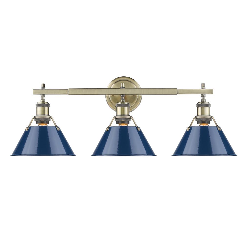 Golden Lighting Orwell AB 3-Light Aged Brass Bath Light with Navy Blue ...