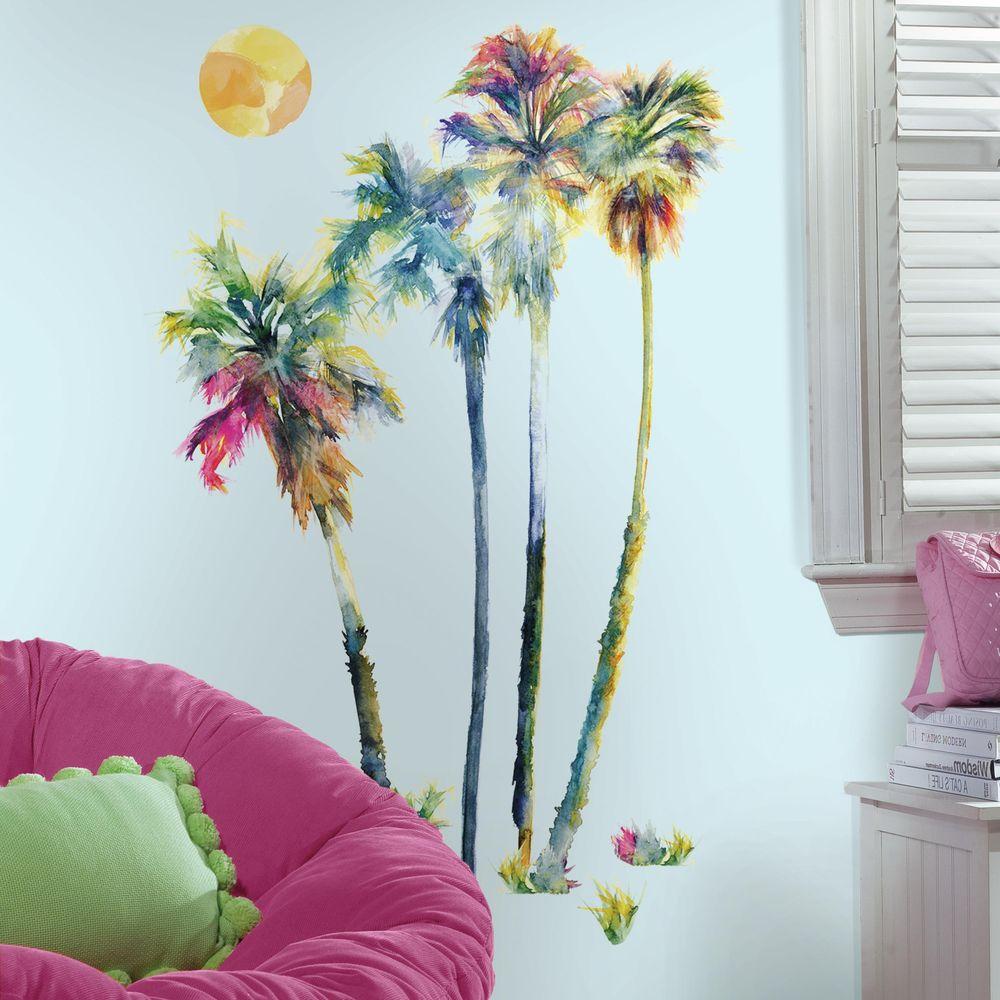 RoomMates 5 in. W x 19 in. H Watercolor Palm Trees 14-Piece Peel and