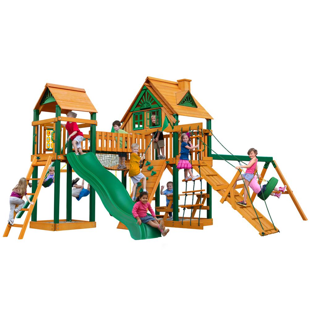 Pioneer Peak Treehouse Wooden Swing Set With Timber Shieldposts Tire Swing And Clatter Bridge And Tower