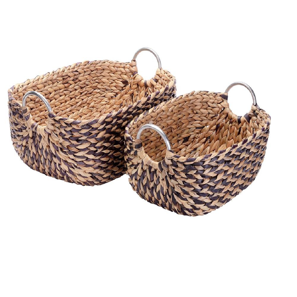 Villacera Natural and Brown Handmade Water Hyacinth Braided Wicker Rectangular Nesting Baskets