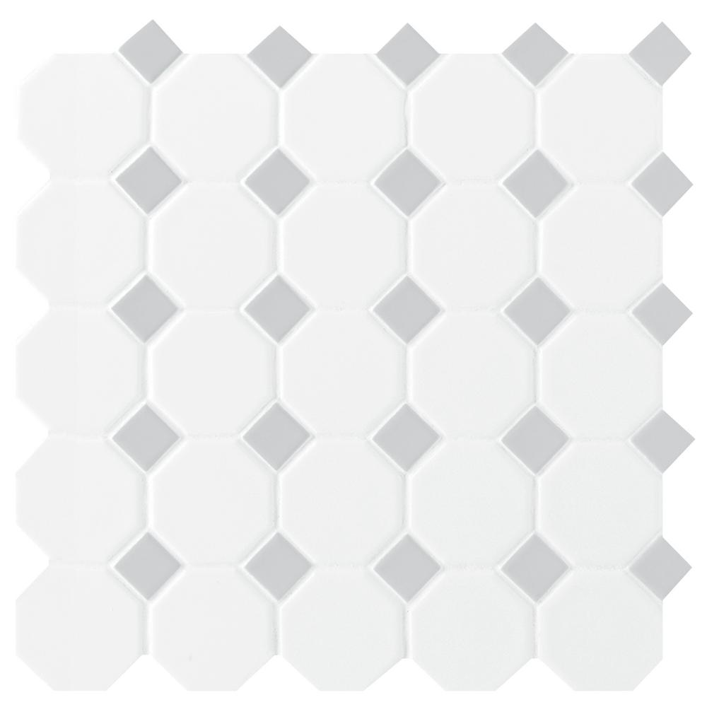 Prologue Matte White 12 in. x 12 in. x 6 mm Glazed Ceramic Octagon/Dot Mosaic Floor and Wall Tile (1 sq. ft./ piece)
