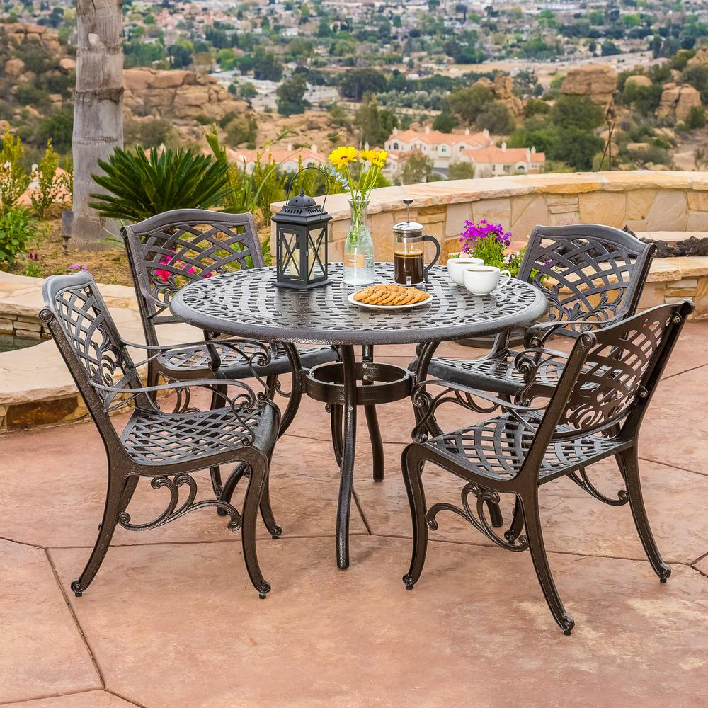 Noble House Sarasota Bronze 5 Piece Aluminum Circular Outdoor Dining Set