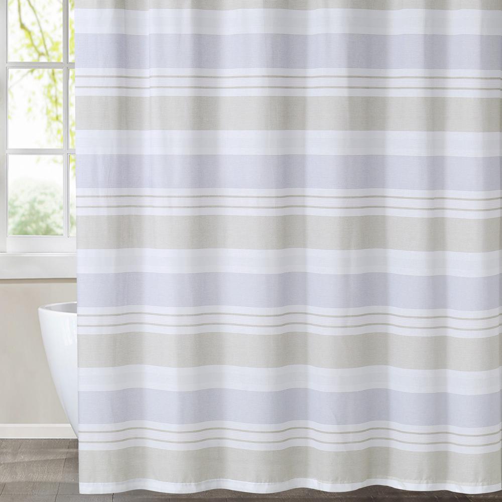 blue and tan shower curtain