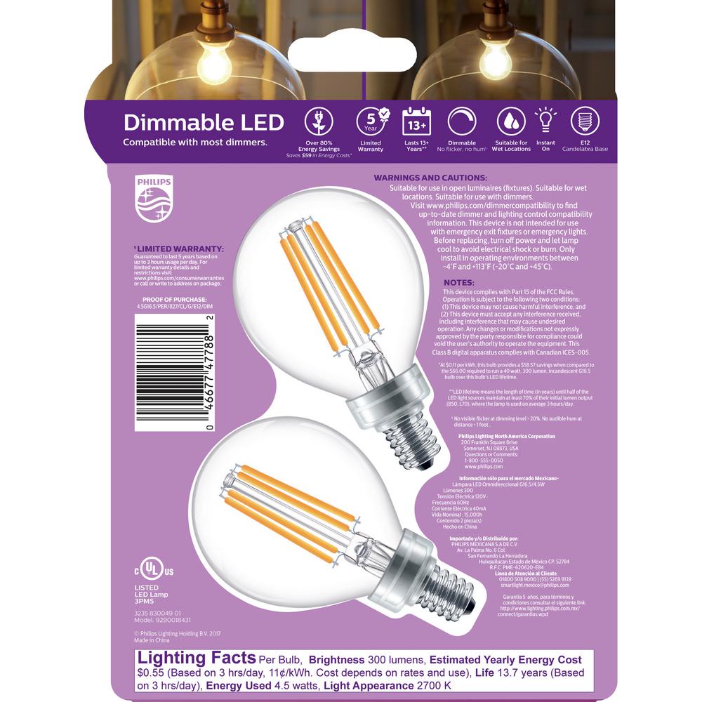 Philips 40 Watt Equivalent G16 5 Led Light Bulb Soft White Globe