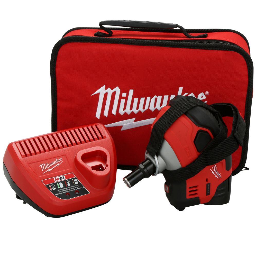 Milwaukee M12 12-Volt Lithium-Ion Cordless Palm Nailer Kit with One 1.5Ah Battery, Charger and Tool Bag (2458-21)