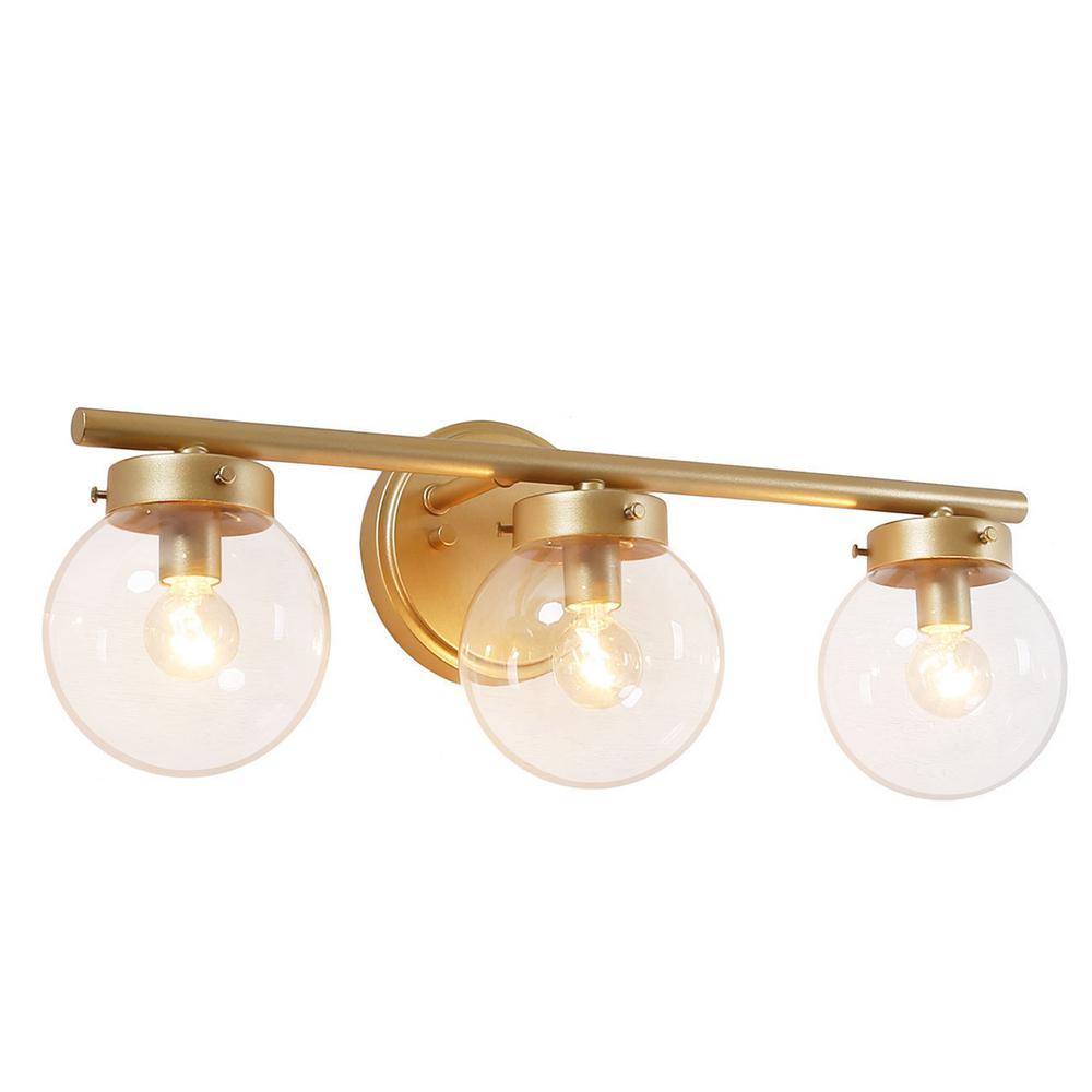 Laluz Henri 19 1 2 In 3 Light Gold Vanity Light With Globe Clear Glass Shades Llqjejhl13595jn The Home Depot