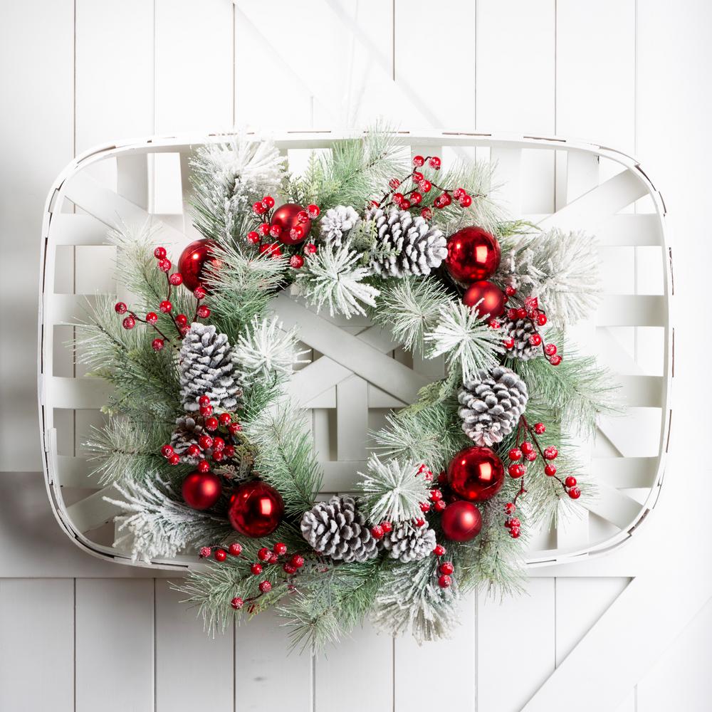 Glitzhome 24 In Dia Flocked Pinecone And Ornament Wreath With