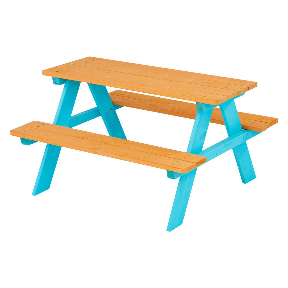 Teamson Kids Outdoor Picnic Table Set with Bench, Natural/Blue