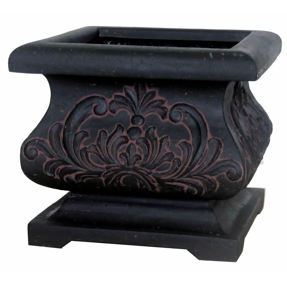 Square Aged Charcoal Cast Stone Bombe Planter Square Aged Charcoal Cast Stone Bombe Planter