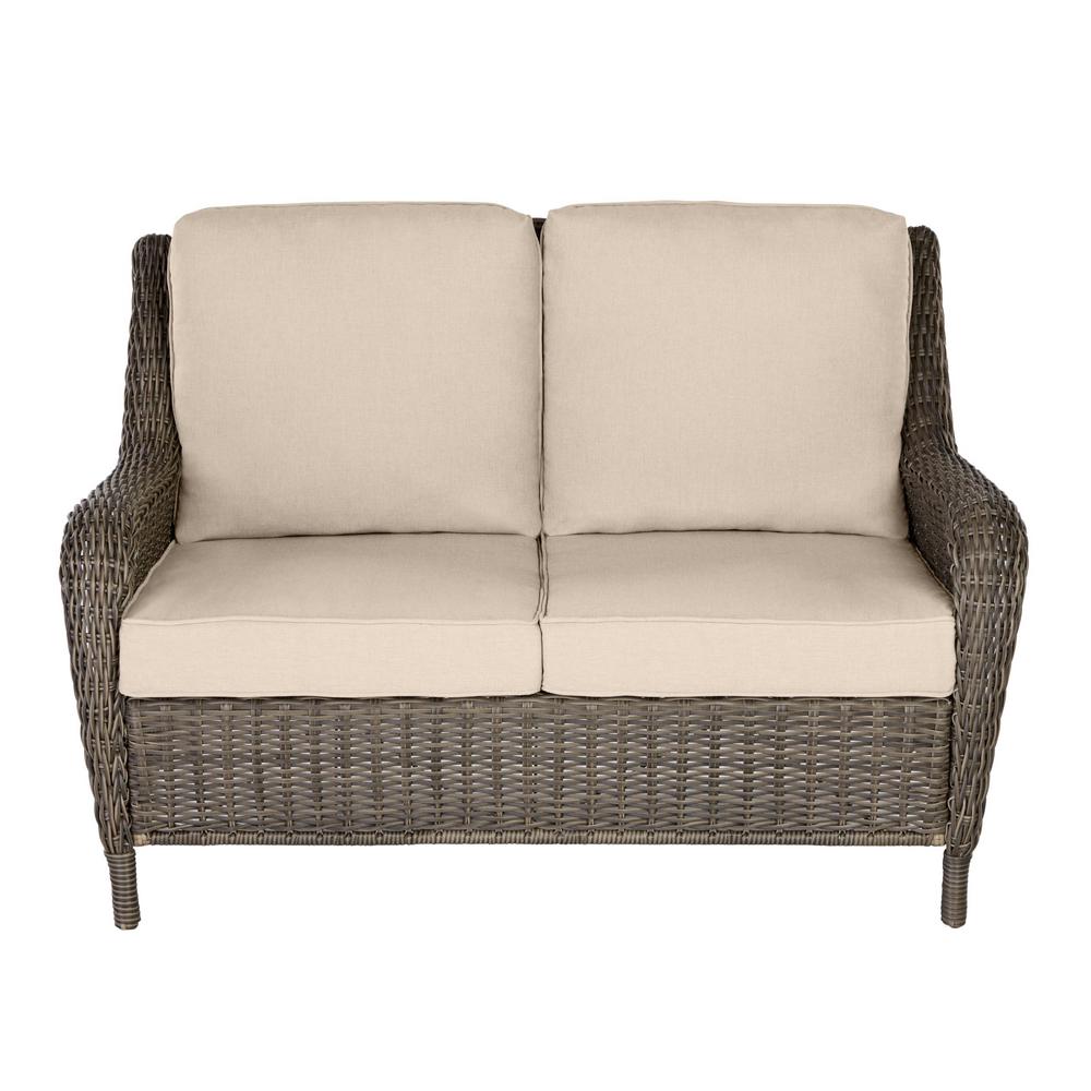 Hampton Bay Cambridge Gray Wicker Outdoor Patio Loveseat with Sunbrella