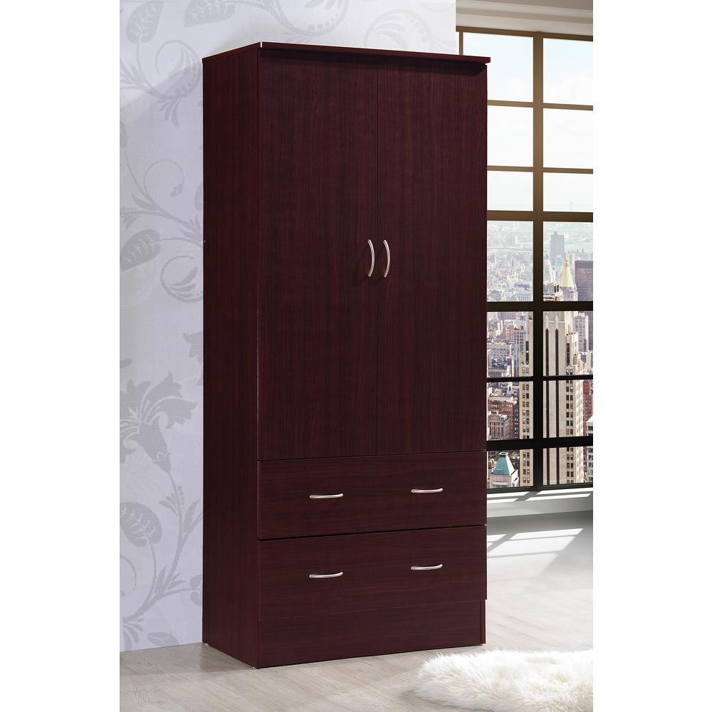 Bedroom Armoire 2 Door 2 Drawers Mahogany Wardrobe Storage Closet