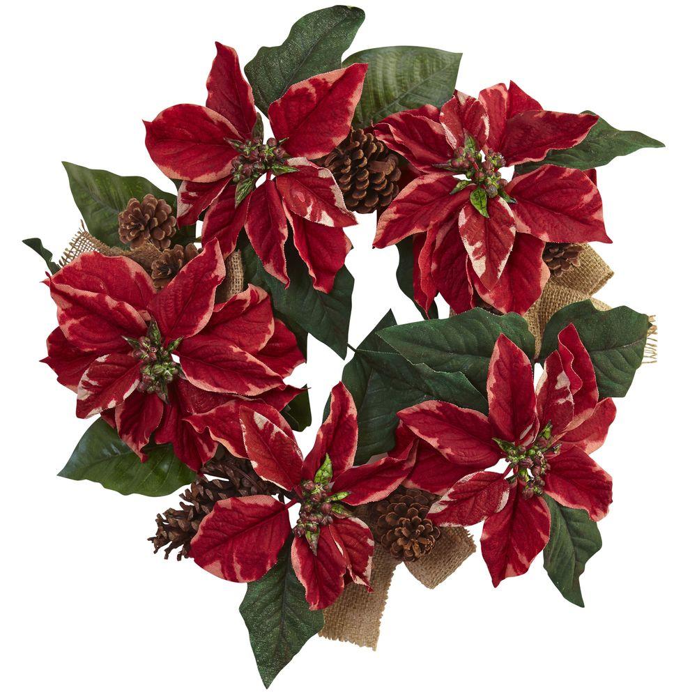 Nearly Natural 22 in. Poinsettia, Pine Cone and Burlap Artificial