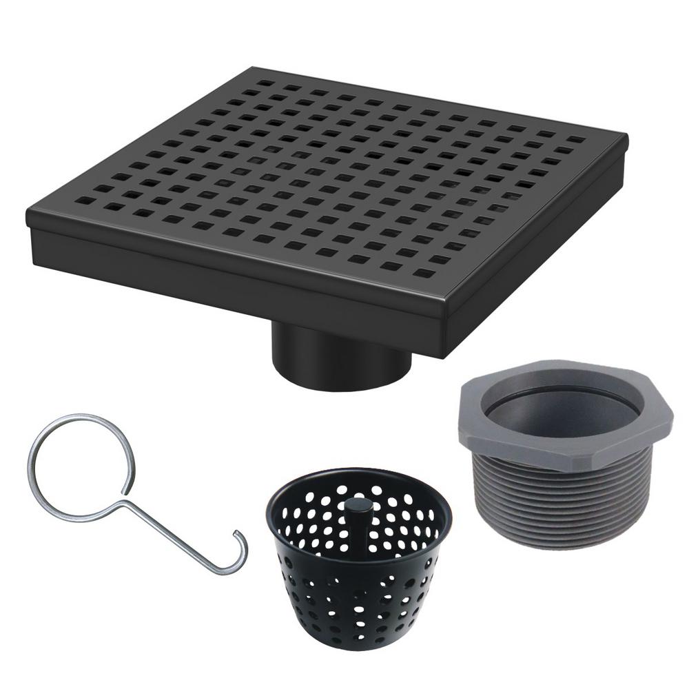 RELN 6 in. x 6 in. Matte Black Shower Drain with Square Pattern Drain CoverFD0602SQBK The