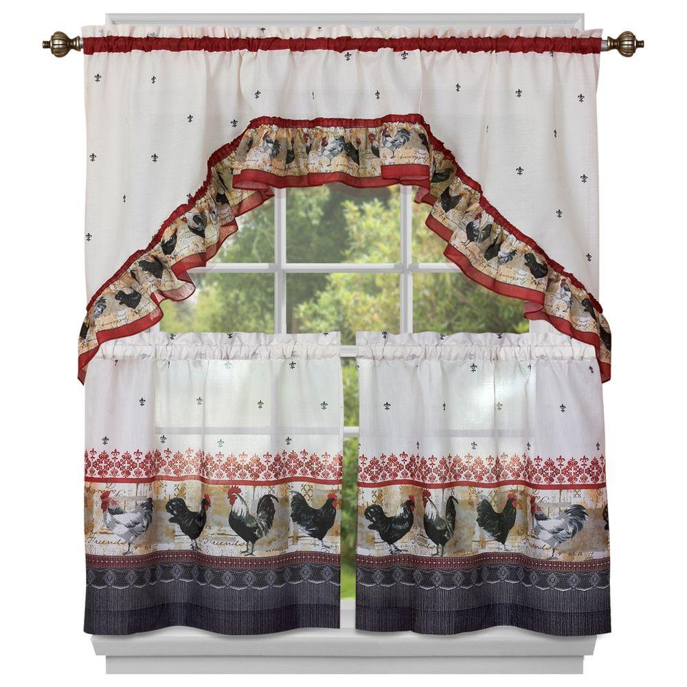 Achim Semi Opaque Polyester Rooster Printed 36 In W X 57 In L Tier   Burgundy Achim Light Filtering Curtains Rots36bu12 64 1000 