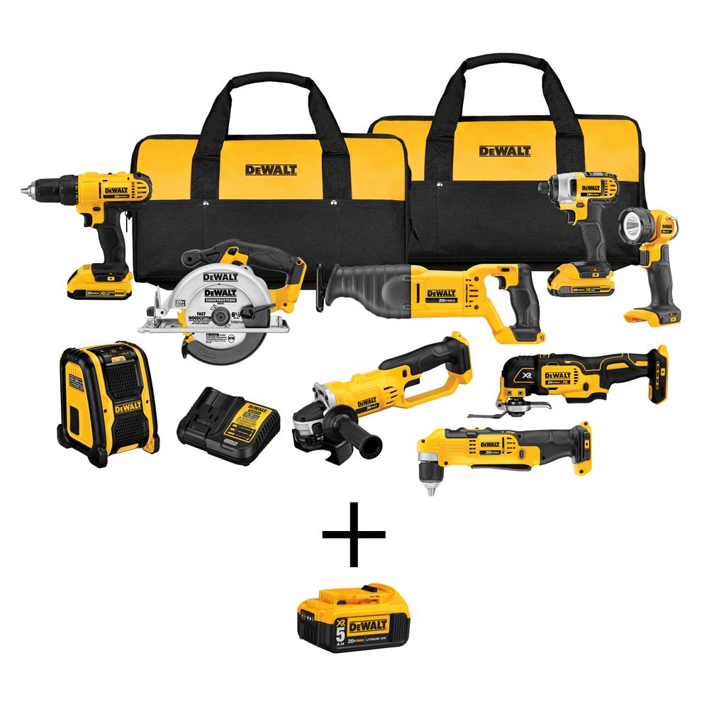 DEWALT 20V MAX Cordless 9-Tool Combo Kit, (2) 20V 2.0Ah Batteries and (1) 20V 5.0Ah Battery