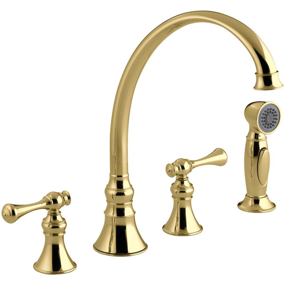 Kohler Revival 2 Handle Standard Kitchen Faucet With Side Sprayer In Vibrant Polished Brass K 6109