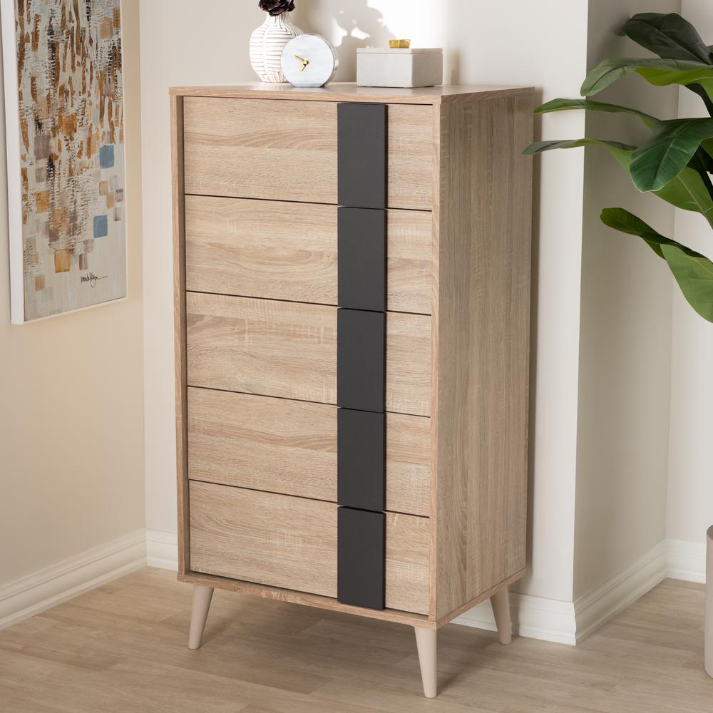 Baxton Studio Lisen 5 Drawer Oak Brown And Dark Grey Chest 148