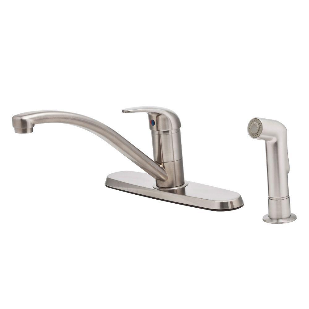 Pfister Pfirst Series Single Handle Standard Kitchen Faucet With Side Sprayer In Stainless Steel