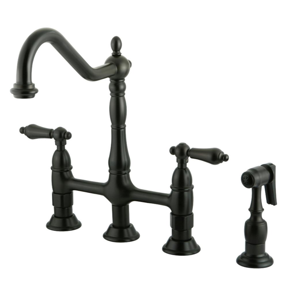 Kingston Brass Heritage 2 Handle Bridge Kitchen Faucet With Side Sprayer In Oil Rubbed Bronze