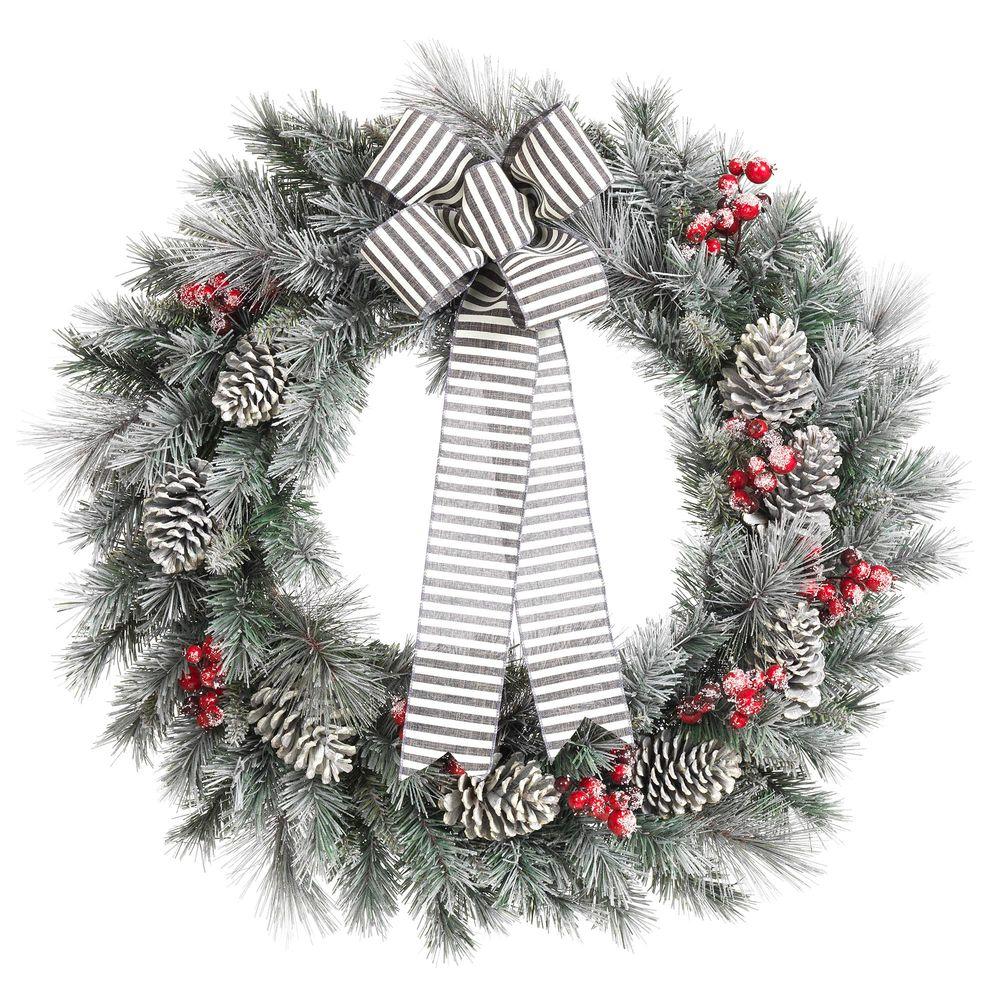 Home Accents Holiday 30 in. Snowy Pine Artificial Wreath with Pinecones