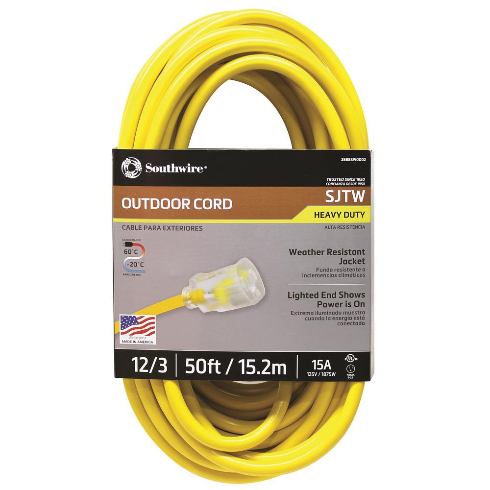 50 Ft. 12/3 SJTW Heavy-Duty Outdoor Extension Cord – Hi-Vis Yellow With Lighted Plug, Water Resistant