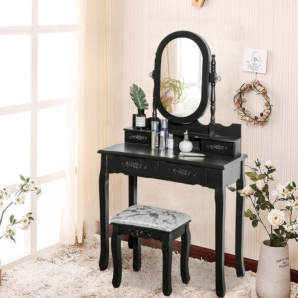 Boyel Living Cushioned Stools Black Big Mirror And 4 Drawers