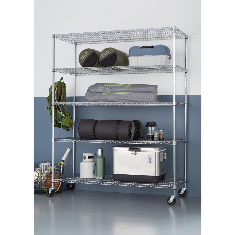 5 Tier Heavy Duty Wire 60 In X 24 72 Shelving Rack With Wheels Chrome